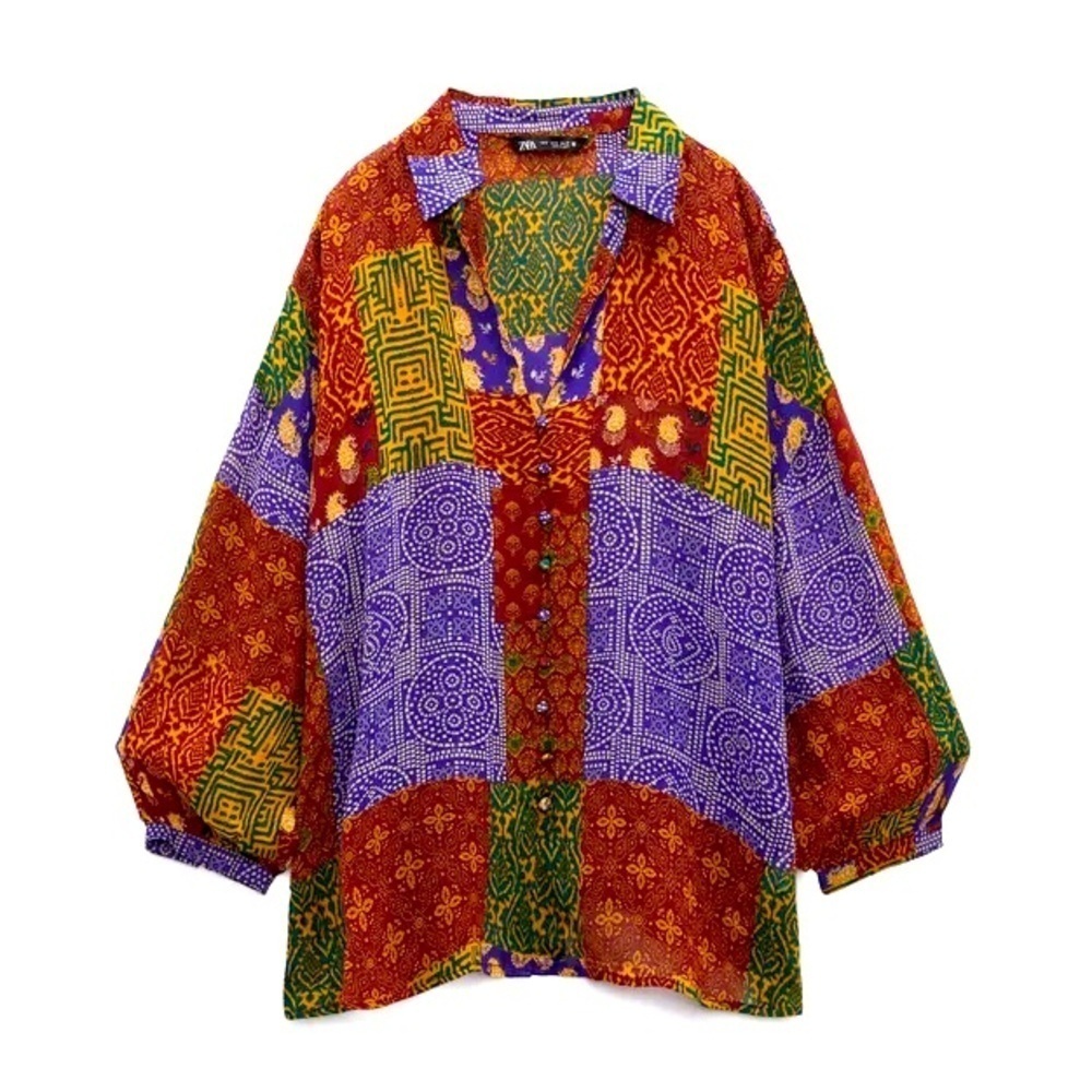Zara Patchwork Printed Oversized Blouse Size Medium Button Up Long Sleeve